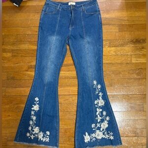 Chelsea & Violet Blue Floral Embroidered Flare Jeans